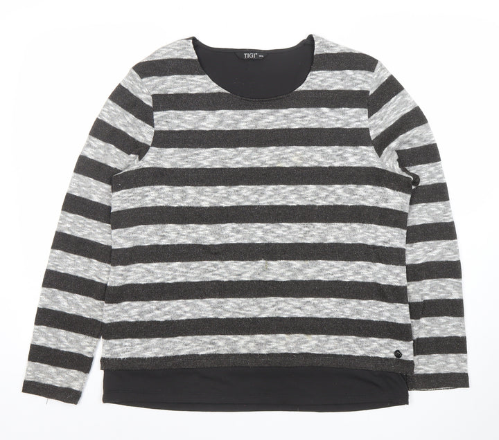TIGI Women’s Grey Striped Pullover Jumper Size 14 Long Sleeve Knit