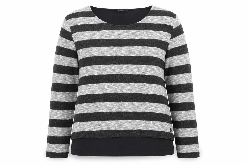 Front view of TIGI Women’s Grey Striped jumper, size UK 14, Long Sleeve Knit