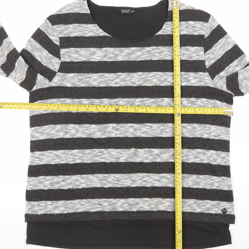 TIGI Women’s Grey Striped Pullover Jumper Size 14 Long Sleeve Knit