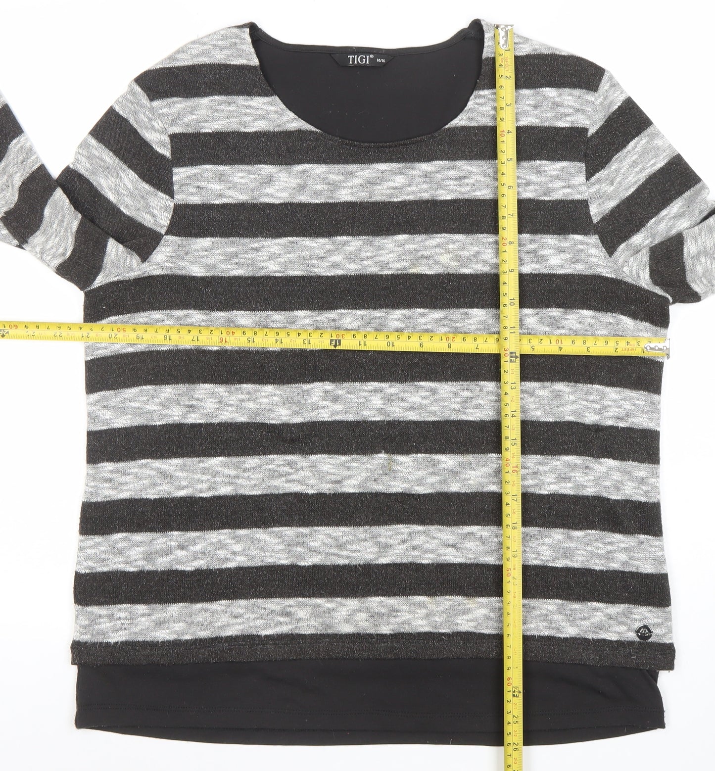 TIGI Women’s Grey Striped Pullover Jumper Size 14 Long Sleeve Knit