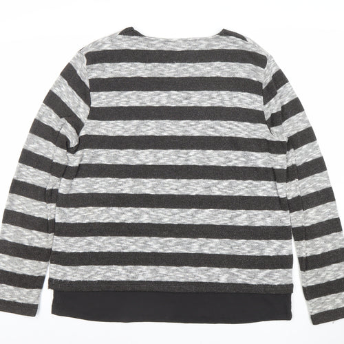 TIGI Women’s Grey Striped Pullover Jumper Size 14 Long Sleeve Knit