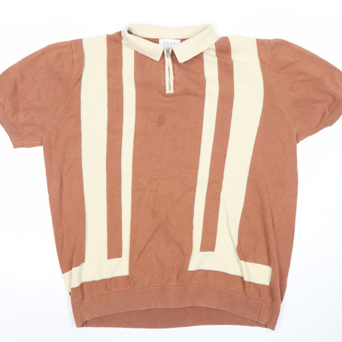 EASY Men's Brown Retro Striped Collared Polo Shirt Size L Cotton Zip Neck