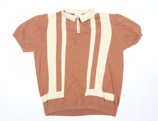 EASY Men's Brown Retro Striped Collared Polo Shirt Size L Cotton Zip Neck