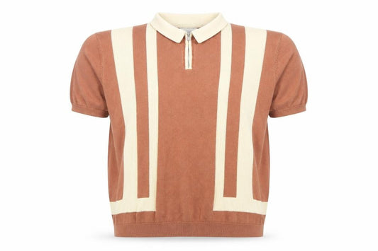 Front view of Easy Men's Brown Retro Striped Collared Polo Shirt, size L, Cotton Zip Neck