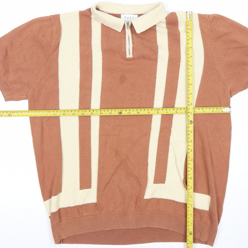 EASY Men's Brown Retro Striped Collared Polo Shirt Size L Cotton Zip Neck