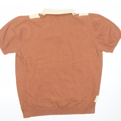 EASY Men's Brown Retro Striped Collared Polo Shirt Size L Cotton Zip Neck