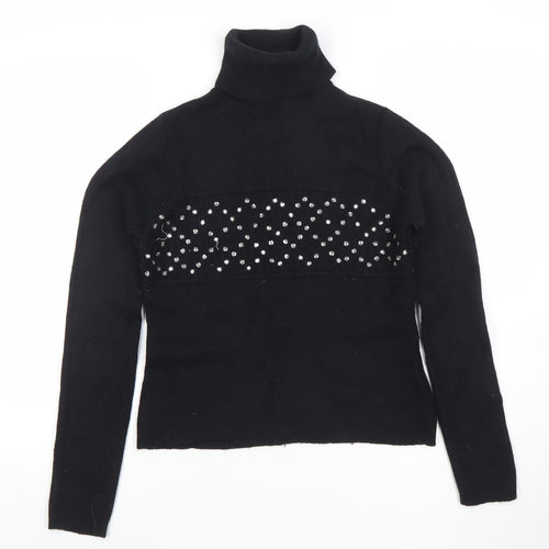 Topshop Women Black Roll Neck Beaded Lambswool Jumper Size 14