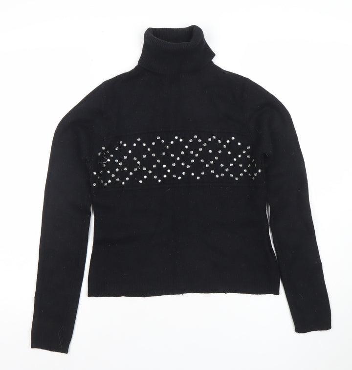 Topshop Women Black Roll Neck Beaded Lambswool Jumper Size 14