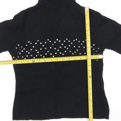 Topshop Women Black Roll Neck Beaded Lambswool Jumper Size 14