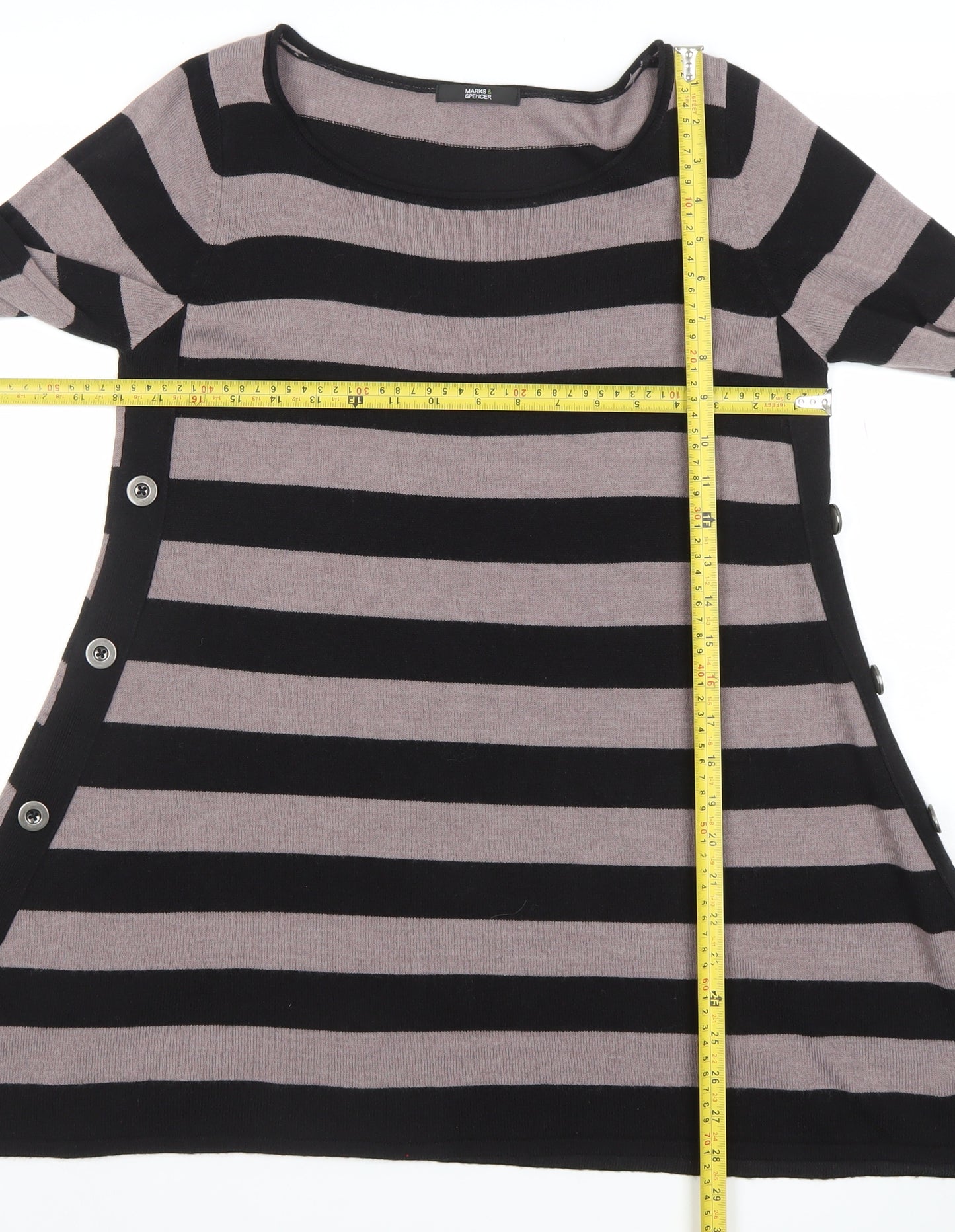 Marks and Spencer Womens Black Size 12 Striped Tunic Jumper