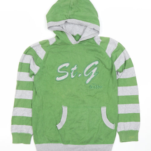 St. George by Duffer Boys Green Grey Striped Pullover Hoodie 11-12 Years Cotton