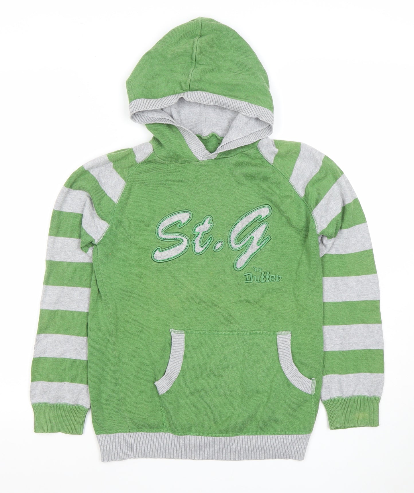St. George by Duffer Boys Green Grey Striped Pullover Hoodie 11-12 Years Cotton