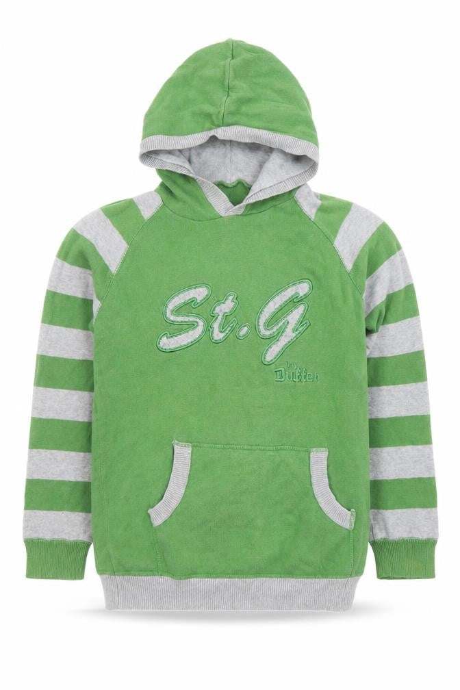 St. George by Duffer Boys Green Grey Striped Pullover Hoodie 11-12 Years Cotton
