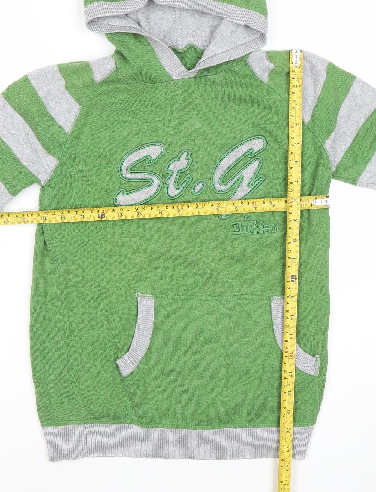 St. George by Duffer Boys Green Grey Striped Pullover Hoodie 11-12 Years Cotton