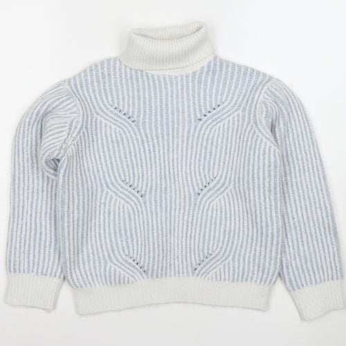 Marks and Spencer Girls Blue Striped Roll Neck Wool Blend Jumper 10 Years
