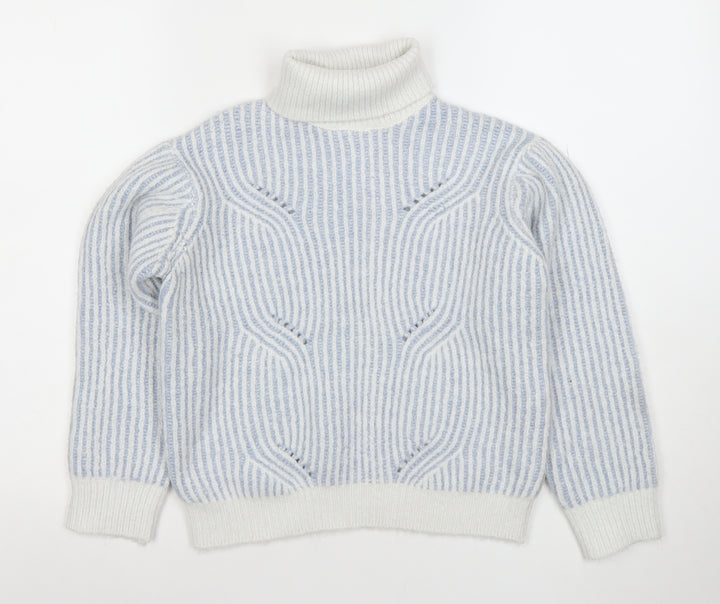 Marks and Spencer Girls Blue Striped Roll Neck Wool Blend Jumper 10 Years