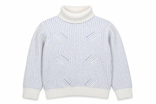 Front view of Marks & Spencer girls’ blue striped roll neck wool blend jumper 10 years