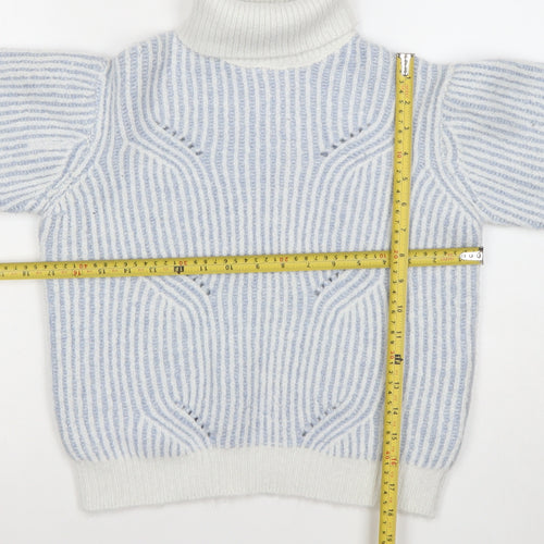 Marks and Spencer Girls Blue Striped Roll Neck Wool Blend Jumper 10 Years