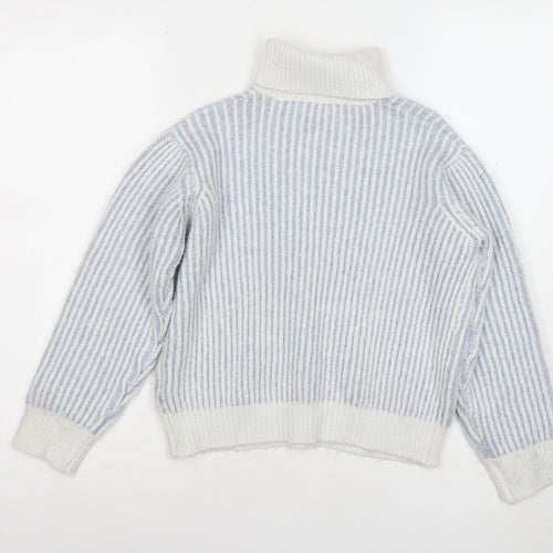 Marks and Spencer Girls Blue Striped Roll Neck Wool Blend Jumper 10 Years