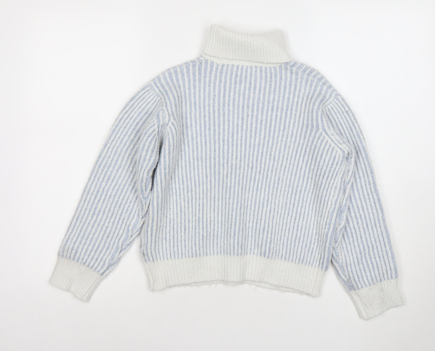 Marks and Spencer Girls Blue Striped Roll Neck Wool Blend Jumper 10 Years
