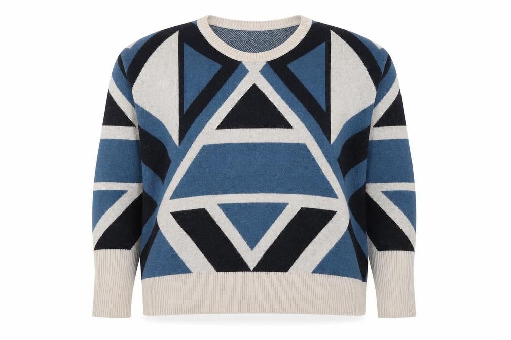 Front view of NIKITA Women's Blue Geometric Wool Angora Jumper, size M