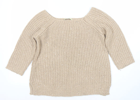 Oasis Women Beige Sequin Chunky Knit Wool-Blend Jumper Size M