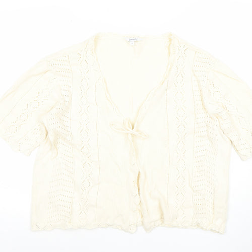 Bonmarché Women Ivory Cotton Open-Knit V-Neck Short Sleeve Cardigan Size 20