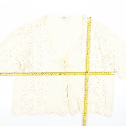 Bonmarché Women Ivory Cotton Open-Knit V-Neck Short Sleeve Cardigan Size 20