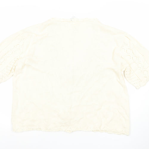 Bonmarché Women Ivory Cotton Open-Knit V-Neck Short Sleeve Cardigan Size 20