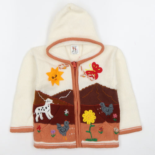Mi Peru Girls Cream Multi Knit Hooded Zip Cardigan Size 8 Animal Scene