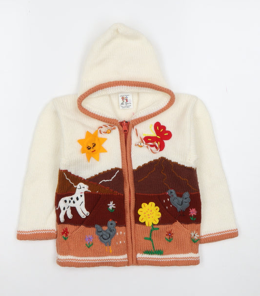 Mi Peru Girls Cream Multi Knit Hooded Zip Cardigan Size 8 Animal Scene