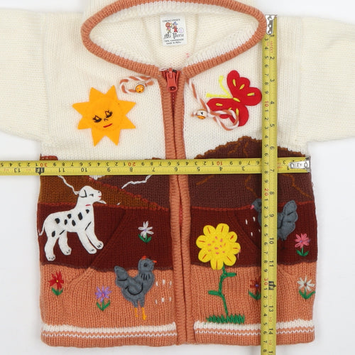 Mi Peru Girls Cream Multi Knit Hooded Zip Cardigan Size 8 Animal Scene