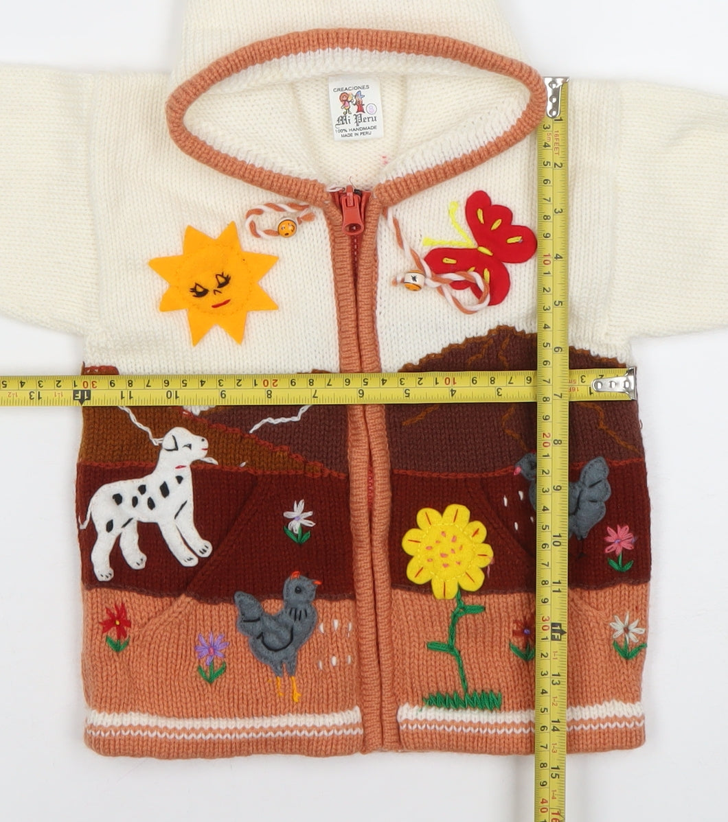 Mi Peru Girls Cream Multi Knit Hooded Zip Cardigan Size 8 Animal Scene