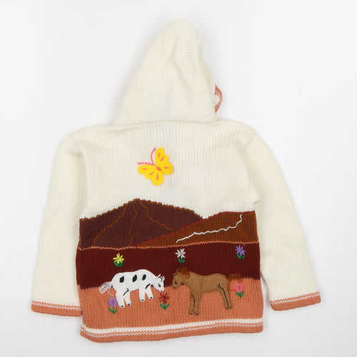 Mi Peru Girls Cream Multi Knit Hooded Zip Cardigan Size 8 Animal Scene