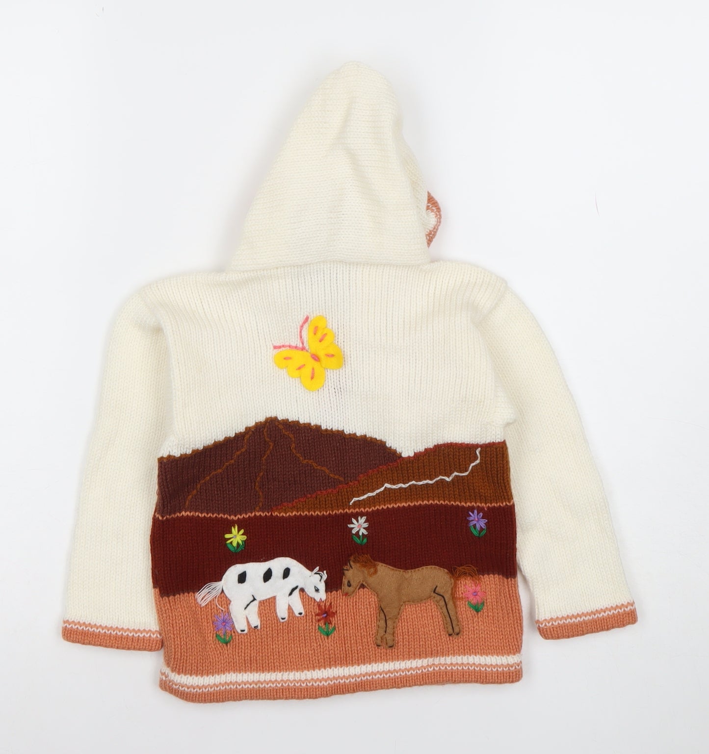 Mi Peru Girls Cream Multi Knit Hooded Zip Cardigan Size 8 Animal Scene