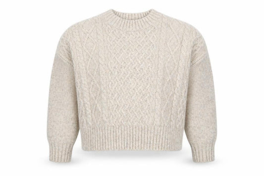 Front view of Primark girls’ beige cable knit jumper 7-8 years crew neck winter