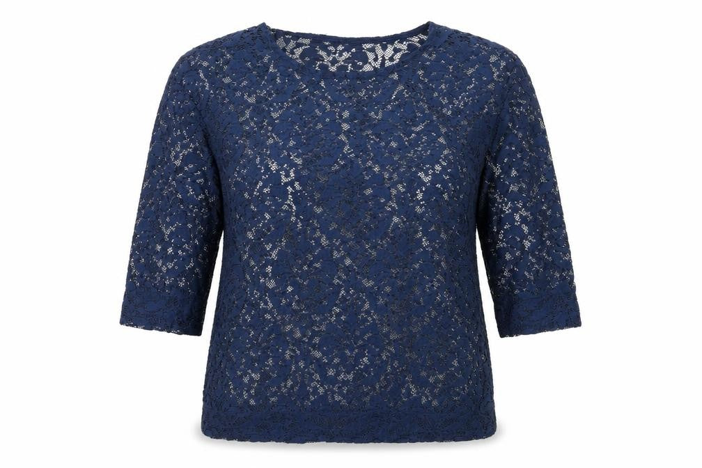 Front view of Next women’s blue lace 3/4 sleeve tunic blouse, size UK 12
