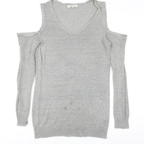 Peacocks Women Silver Cold Shoulder Sequin Knit Top Size 12