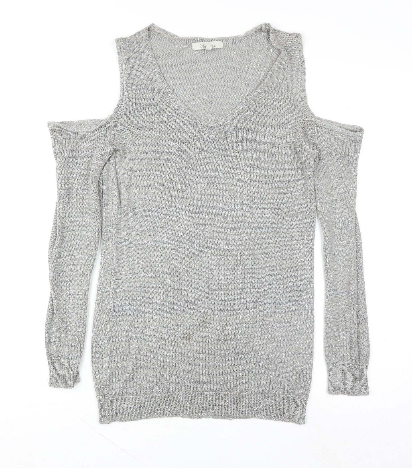 Peacocks Women Silver Cold Shoulder Sequin Knit Top Size 12