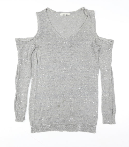 Peacocks Women Silver Cold Shoulder Sequin Knit Top Size 12