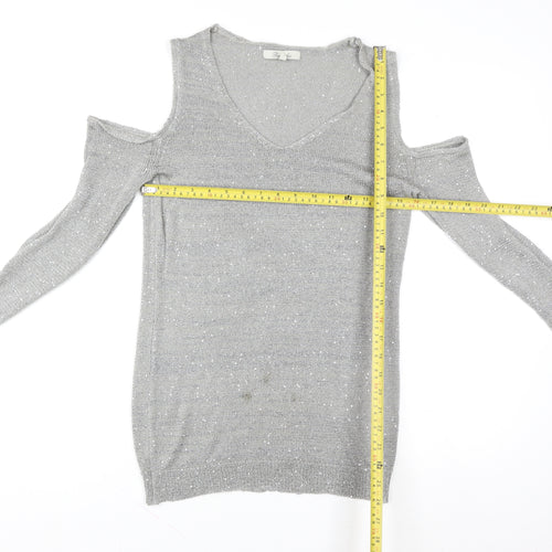 Peacocks Women Silver Cold Shoulder Sequin Knit Top Size 12