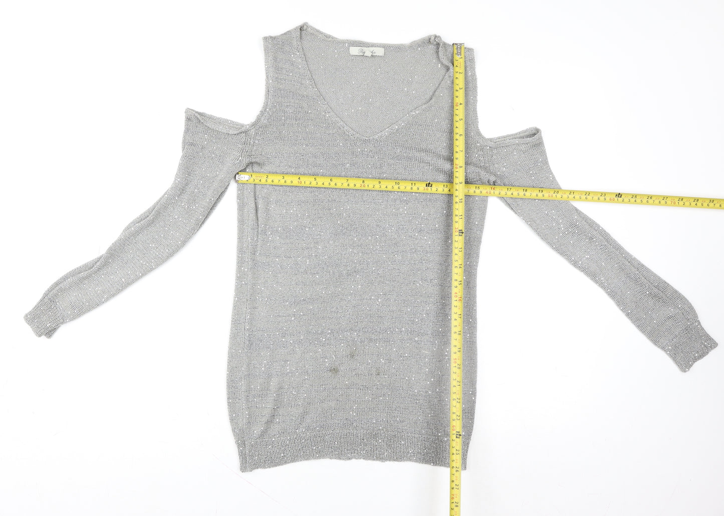 Peacocks Women Silver Cold Shoulder Sequin Knit Top Size 12