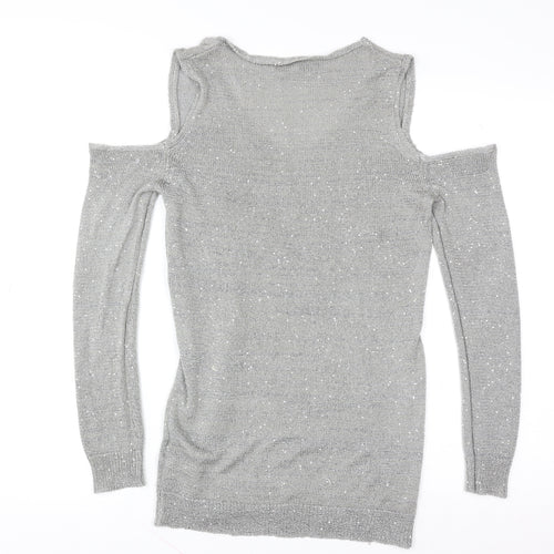 Peacocks Women Silver Cold Shoulder Sequin Knit Top Size 12