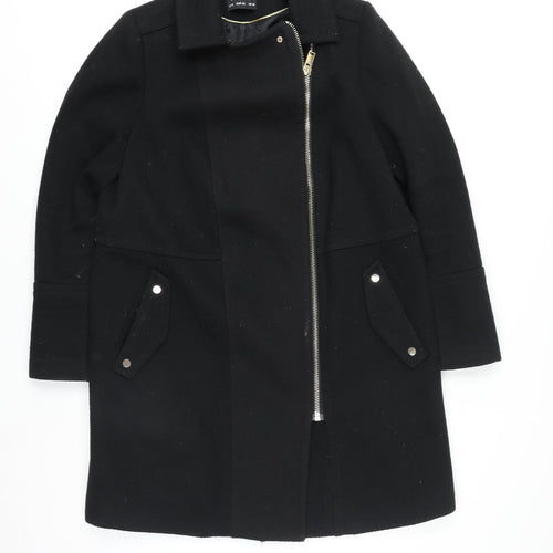 Wallis Women Black Wool Blend Mid-Length Zip Coat Size 14