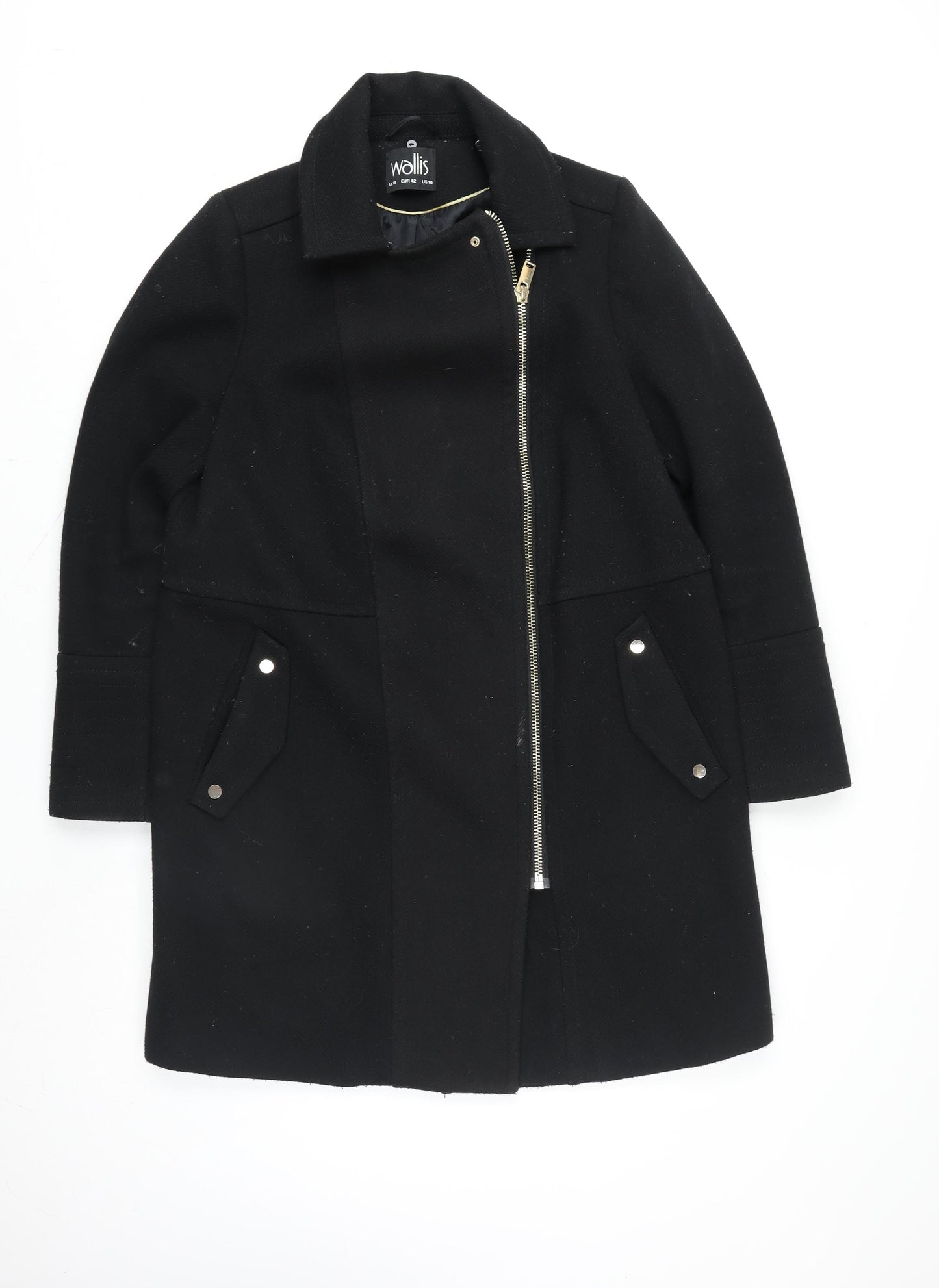 Wallis Women Black Wool Blend Mid-Length Zip Coat Size 14