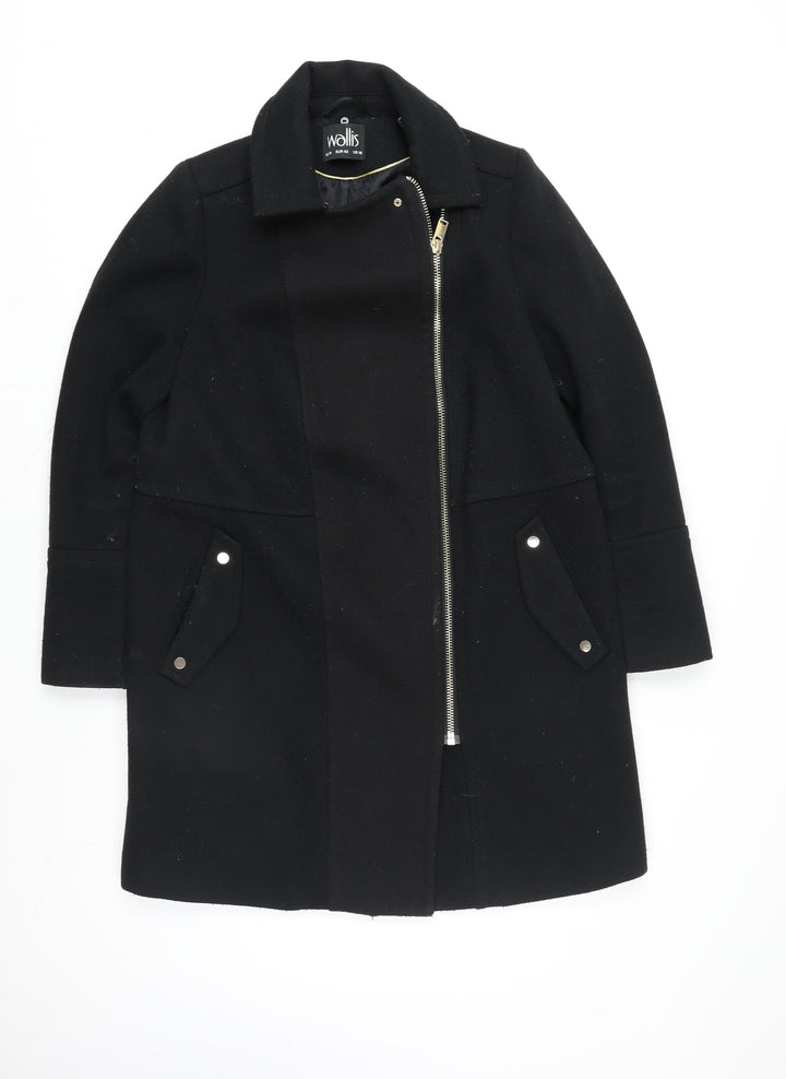 Wallis Women Black Wool Blend Mid-Length Zip Coat Size 14
