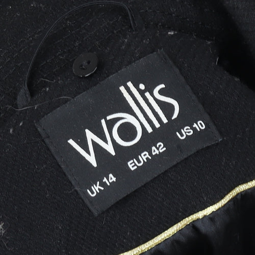 Wallis Women Black Wool Blend Mid-Length Zip Coat Size 14