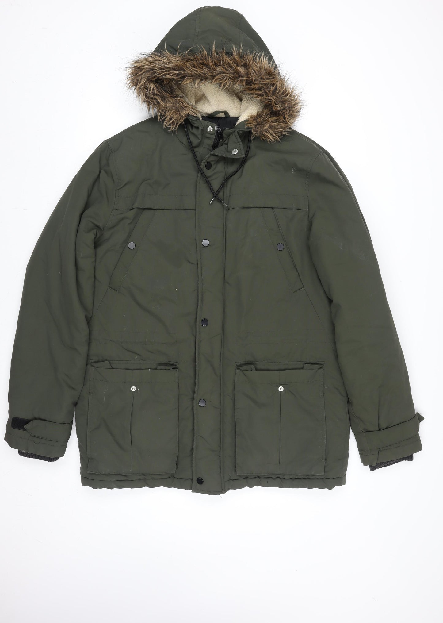 New Look Men Green M Parka Coat Hooded Faux Fur Trim Winter Jacket