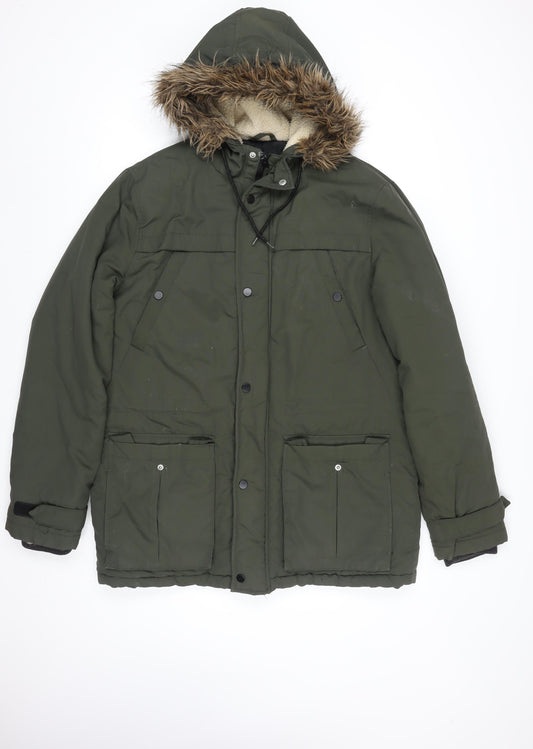 New Look Men Green M Parka Coat Hooded Faux Fur Trim Winter Jacket