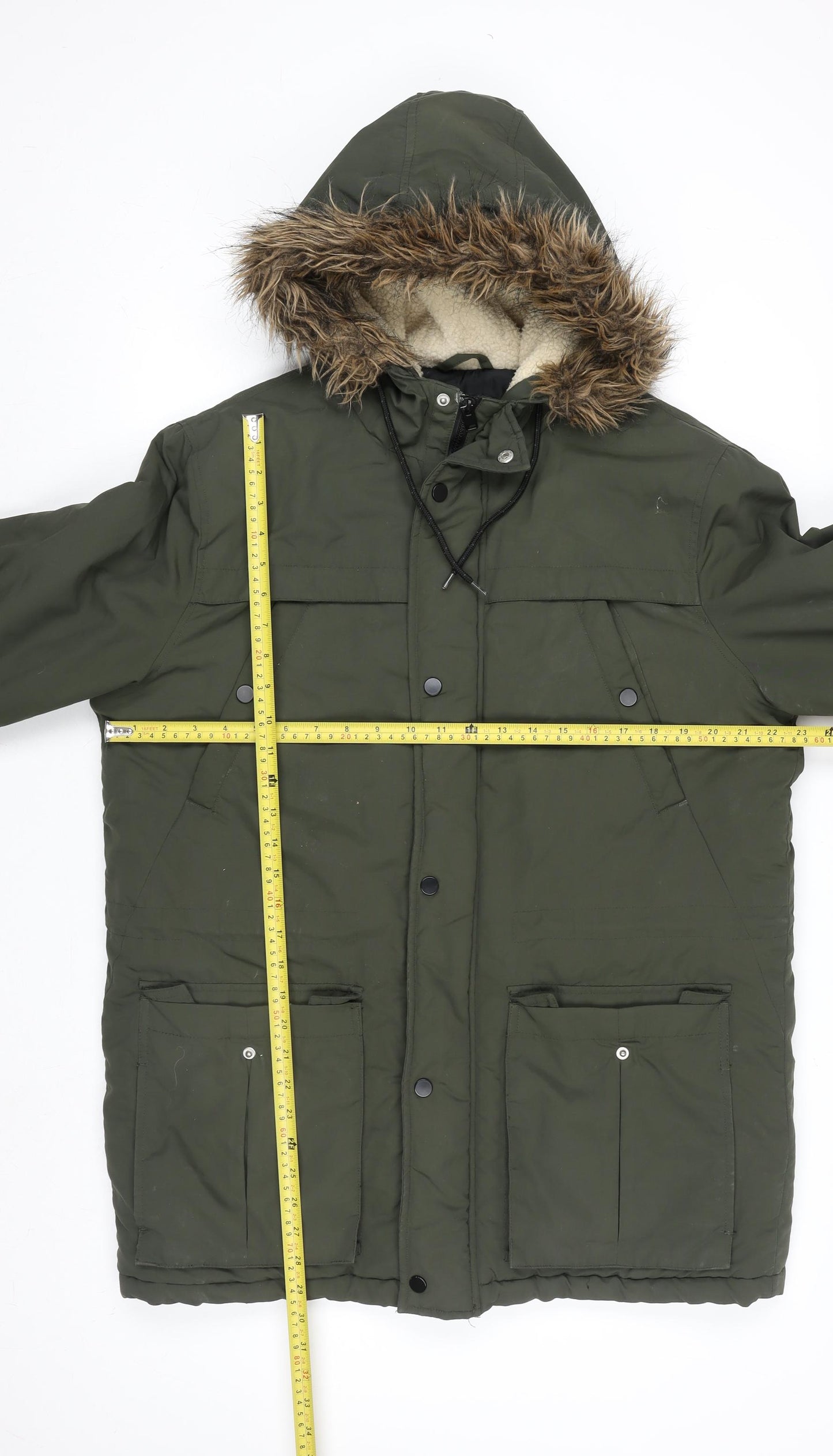 New Look Men Green M Parka Coat Hooded Faux Fur Trim Winter Jacket